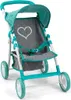 A toy doll stroller with a teal frame and canopy, and a gray seat with a white heart design. Produktbild-Vorschau
