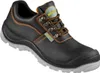 A studio shot of a black safety shoe with orange stitching and laces. Produktbild-Vorschau