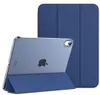 A blue iPad case is shown in two configurations: one standing upright and the other lying flat with the iPad inserted. Produktbild-Vorschau