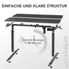 An exploded view of a height-adjustable desk frame and tabletop pieces, with text indicating easy assembly. Produktbild-Vorschau