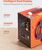 A close-up marketing image of an orange and black air compressor, with text overlays highlighting its features. Podgląd zdjęcia produktu