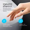 A hand touching a white surface, with marketing text and icons. Produktbild-Vorschau