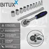 A set of socket wrenches and accessories is displayed with descriptive text. Produktbild-Vorschau