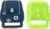 A navy blue school backpack with space-themed patches and a bright green rain cover are shown side-by-side against a white background. Voir les images du produit