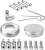 A collection of stainless steel railing components, including screws, connectors, and caps, arranged on a white background. Náhled obrázku produktu