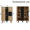 Two views of a wooden cabinet with dimensions indicated by text and lines. Produktbild-Vorschau
