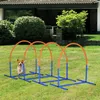 A dog is running through agility hoops in a backyard. Produktbild-Vorschau
