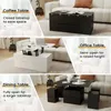 A collage showing a multi-functional coffee table in different configurations: closed as a coffee table, semi-open as an office table, and fully open as a dining table with stools. Podgląd zdjęcia produktu