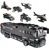 A collage of various police-themed toy vehicles, including a bus, cars, a helicopter, a boat, and a seaplane, all constructed from building blocks. Náhled obrázku produktu
