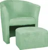 A mint green armchair with a matching ottoman on a white background.