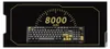 A mechanical keyboard is displayed on a black background with gold accents and text indicating battery capacity. Produktbild-Vorschau