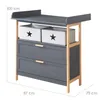 A gray changing table with wooden accents and two fabric storage boxes with stars on them. Produktbild-Vorschau