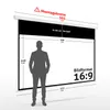 A diagram showing the dimensions of a projection screen with a silhouette of a person for scale. Produktbild-Vorschau