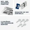 Collage of images showing a lock cylinder, a key card, and keys, with German text describing features. Produktbild-Vorschau