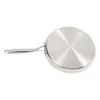 The underside of a stainless steel frying pan with a handle is shown against a white background. Podgląd zdjęcia produktu