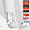 A close-up view of the back of a white satellite dish, showing the cable management area, with several review badges and logos on the right side. Produktbild-Vorschau