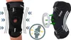 A collage showing a knee brace on a leg, a diagram of a damaged knee, and an illustration of the knee brace with its components. Produktbild-Vorschau