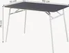 A rectangular dining table with white legs and a dark gray tabletop, shown from a slightly elevated side angle. Dimensions are indicated with text overlays. Anteprima dell’immagine prodotto