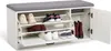 A white shoe cabinet with a gray upholstered bench seat on top. Voir les images du produit