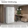 A white metal cabinet is shown in a modern office or home office setting, with a desk and chair in the background. Produktbild-Vorschau