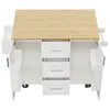 A top-down view of an open kitchen island/sideboard with a wooden top and white cabinets and drawers. Voir les images du produit