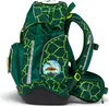 A green backpack with a dinosaur pattern and a dinosaur patch on the front. Produktbild-Vorschau