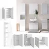 A collage of various white bathroom cabinets and vanity units, some open to show shelves, others assembled with a sink. Náhled obrázku produktu