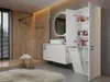 A modern bathroom with a vanity, sink, mirror, shower, and a tall cabinet with a laundry basket. Anteprima dell’immagine prodotto