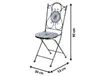 A single folding chair with a mosaic pattern on the seat and backrest, shown against a white background. Dimensions are indicated with arrows and text. Produktbild-Vorschau