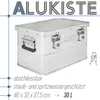 A silver aluminum storage box with a lid, latches, and keys shown next to it. Text describes its features and dimensions. Produktbild-Vorschau
