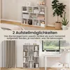 A split image showing two configurations of a white bookshelf, one in a room setting and another in a home office setting. Produktbild-Vorschau
