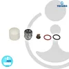 A collection of plumbing parts, including a white cap, a metal fitting, a small nut, and two O-rings, arranged on a light gray background with white graphic elements. Produktbild-Vorschau