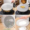 A collage of four images showing a splatter screen being used in various kitchen scenarios. Produktbild-Vorschau