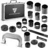 A set of automotive tools, including a C-clamp-like tool and various cylindrical adapters, laid out on a white background next to a black carrying case. Produktbild-Vorschau