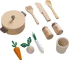 A collection of wooden toy kitchen utensils and food items arranged on a white background. Anteprima dell’immagine prodotto