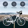 A white bicycle is shown on a road with mountains in the background. Above the bicycle are three circular icons with text. Produktbild-Vorschau
