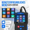 A car diagnostic tool is shown with a graphic overlay highlighting its features and menu options. Produktbild-Vorschau