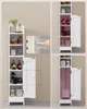 A white tall storage cabinet filled with various bathroom products and toiletries. Produktbild-Vorschau