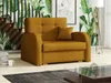 A mustard-yellow sofa bed is shown in a living room with a tropical-themed wallpaper and a wooden staircase. Náhled obrázku produktu