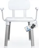 A white and gray adjustable shower chair with armrests and a backrest, shown against a white background. A certification tag is hanging from one of the armrests. Anteprima dell’immagine prodotto