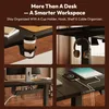 A collage of four close-up images showcasing different features of a desk, including a cup holder, headphone hook, cable management system, and a tablet charging setup. Produktbild-Vorschau