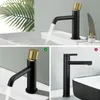 A collage of three images showing a black faucet with a gold textured handle. Podgląd zdjęcia produktu