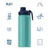 A turquoise thermos bottle with a dark blue lid and handle, surrounded by icons representing its features. Podgląd zdjęcia produktu