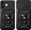 Two views of a black smartphone case with a sliding camera cover and a ring stand. Produktbild-Vorschau