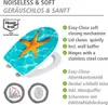 A toilet seat with a starfish design, accompanied by text and icons highlighting its features. Produktbild-Vorschau