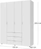 A white four-door wardrobe with three drawers at the bottom, shown with dimensions indicated. Náhled obrázku produktu