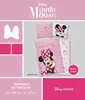 A collage of images showcasing Disney Minnie Mouse themed bedding, including a duvet cover and pillowcases, with various design elements and text. Produktbild-Vorschau