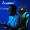 A man wearing a VR headset plays a video game while sitting in a gaming chair. Produktbild-Vorschau