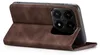 A brown leather flip case for a smartphone is shown from a side angle, with the phone inserted and the front cover open. Produktbild-Vorschau