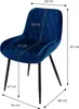 A dark blue velvet dining chair with dimensions indicated by measurement lines and text. Náhľad obrázku produktu